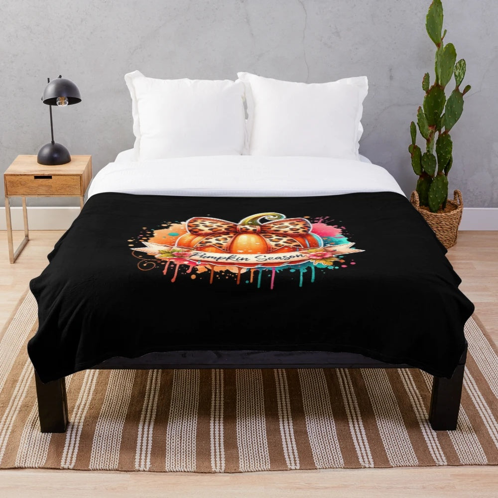 Pumpkin season plush blanket with retro autumn watercolor design