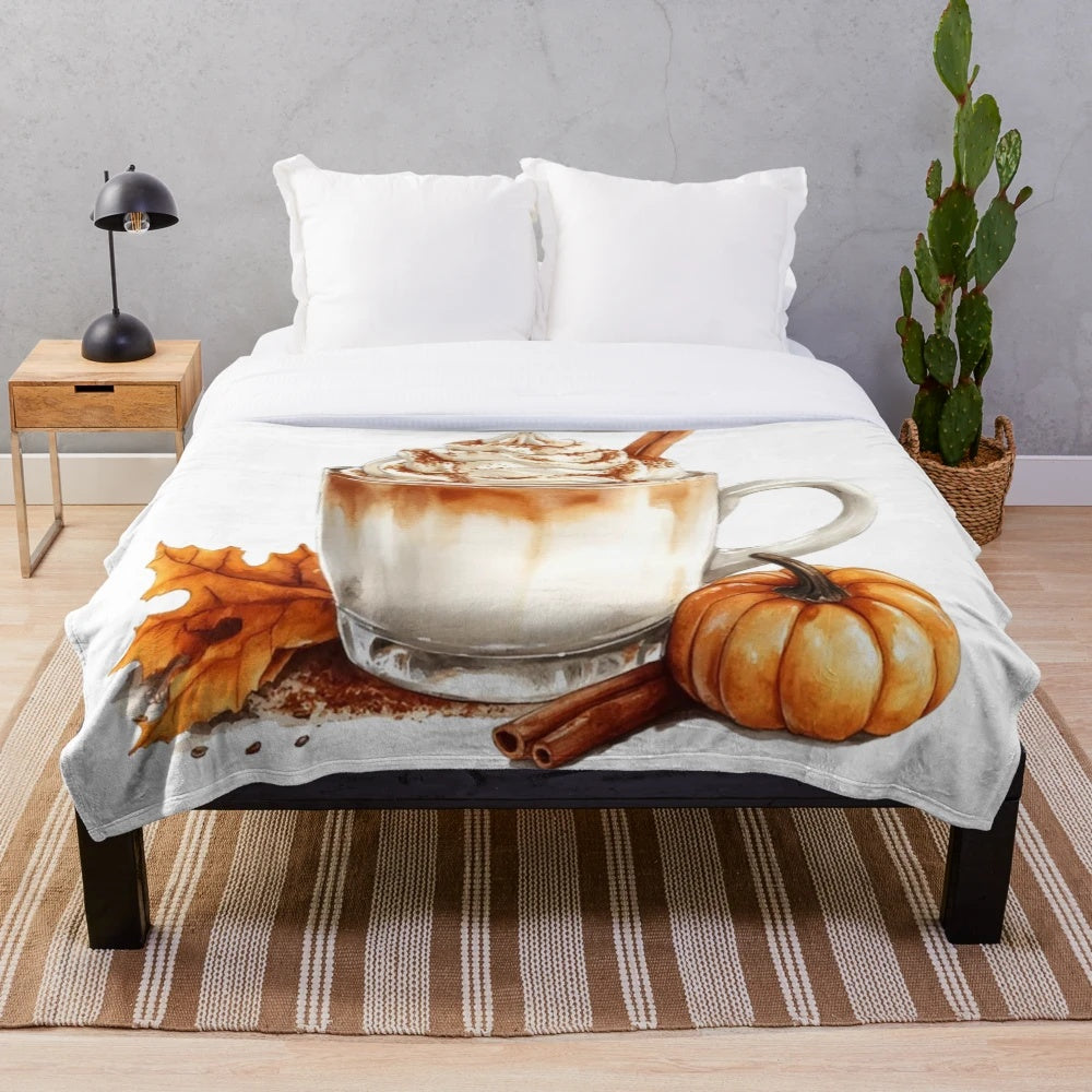 Pumpkin spice latte-themed plush blanket with fall leaves and cozy vibes