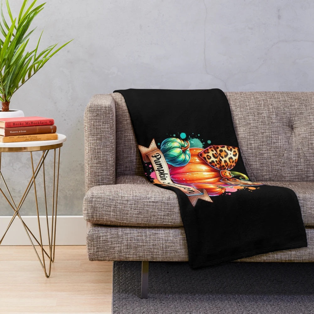 Pumpkin spice leopard print plush blanket with watercolor pumpkin design