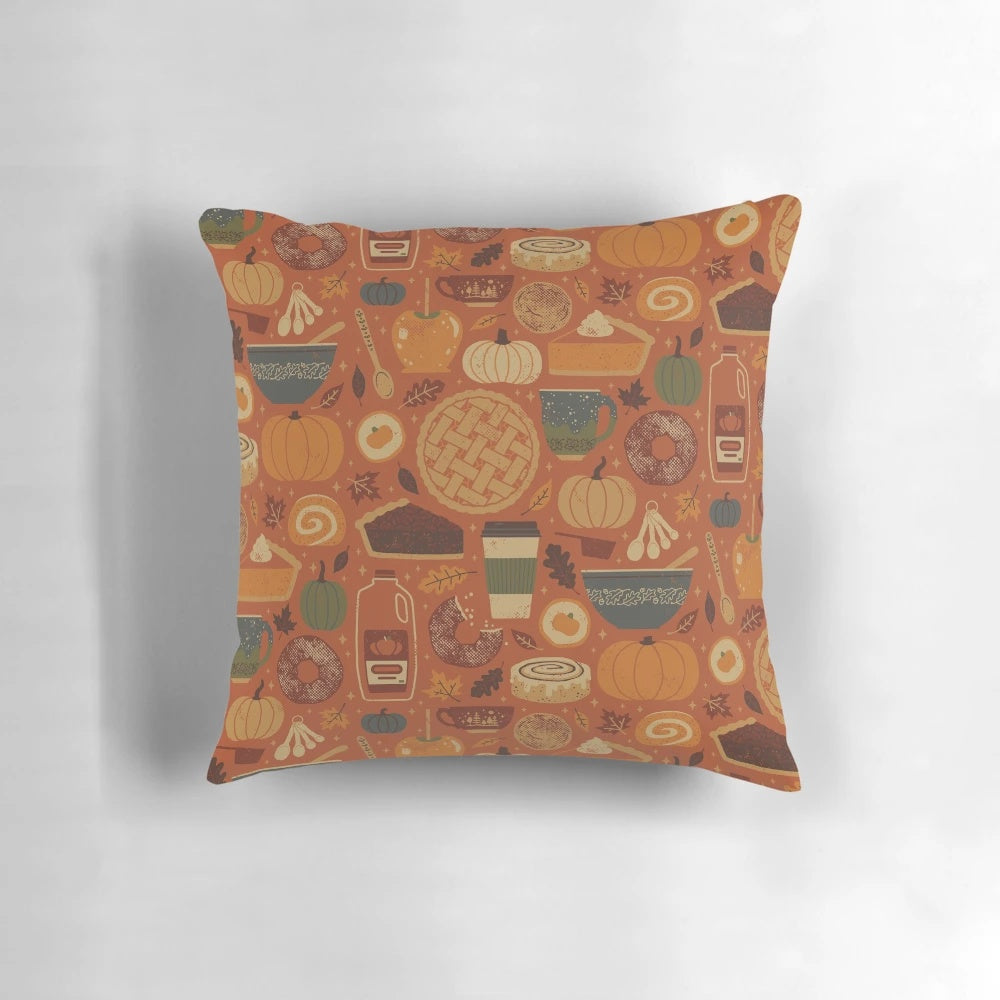 Soft, plush pumpkin spice pillow with fall leaves and spices