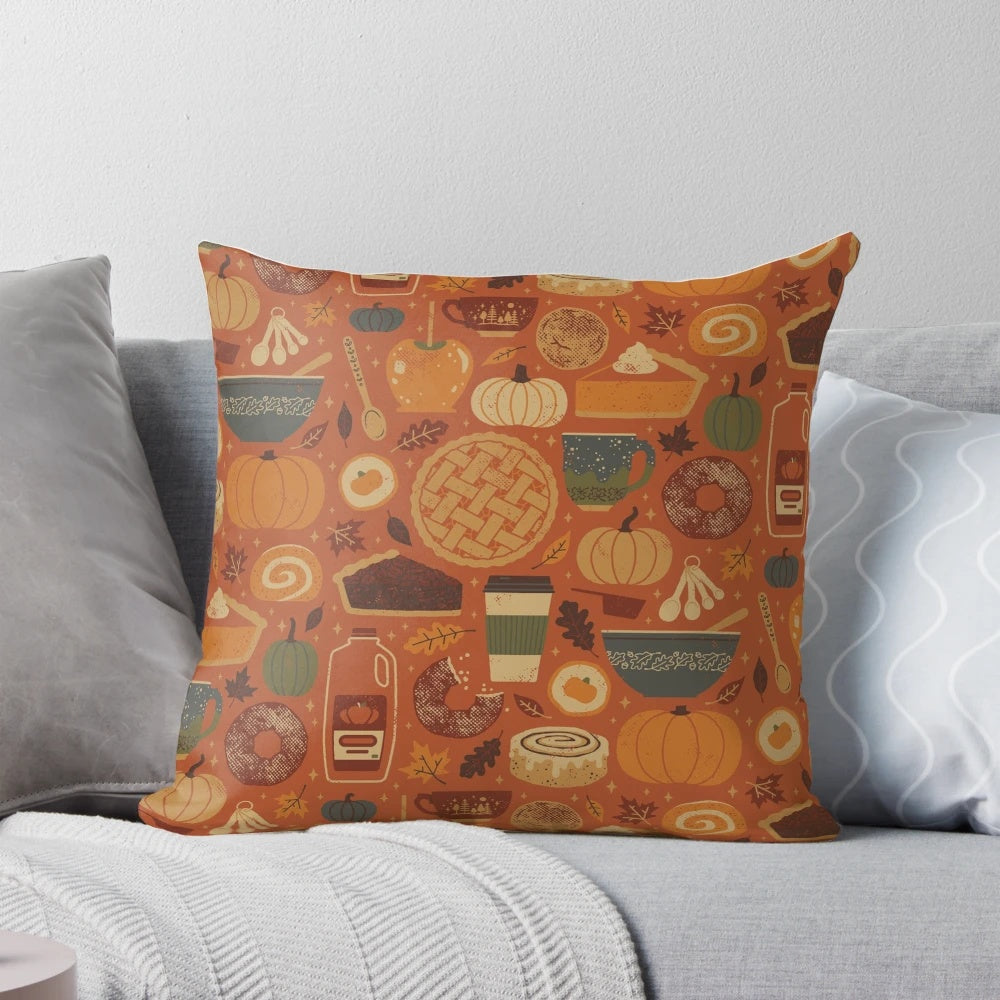 Soft, plush pumpkin spice pillow with fall leaves and spices