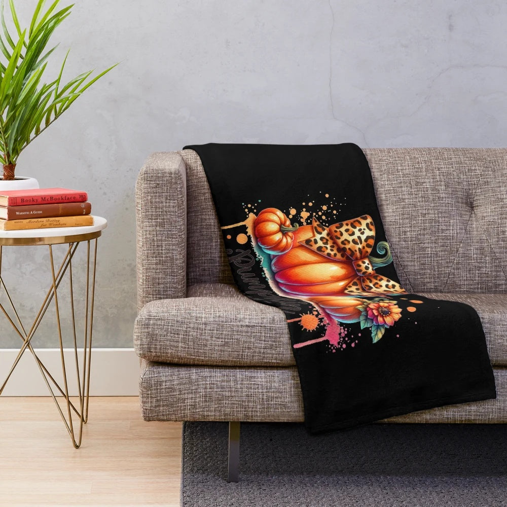 Pumpkin spice plush blanket with leopard print pumpkin design