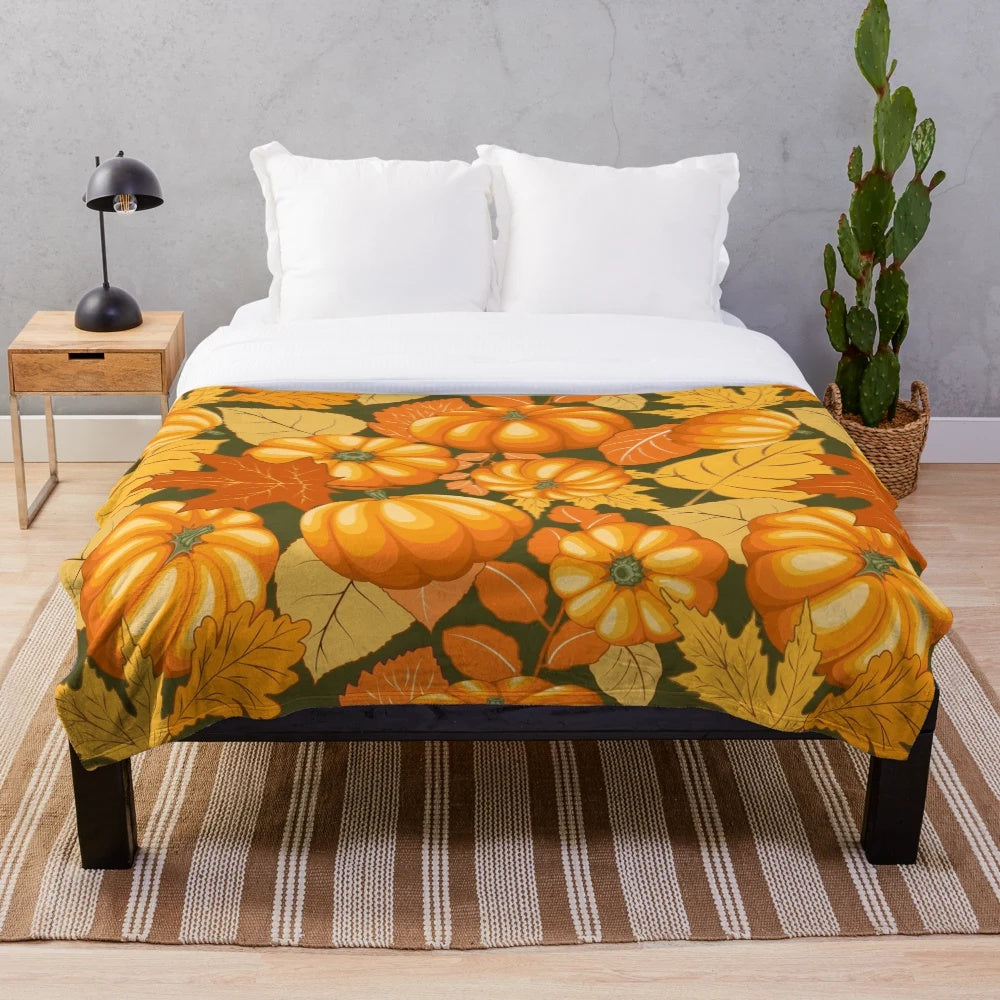 Pumpkins and autumn leaves plush blanket for cozy fall and holiday celebrations