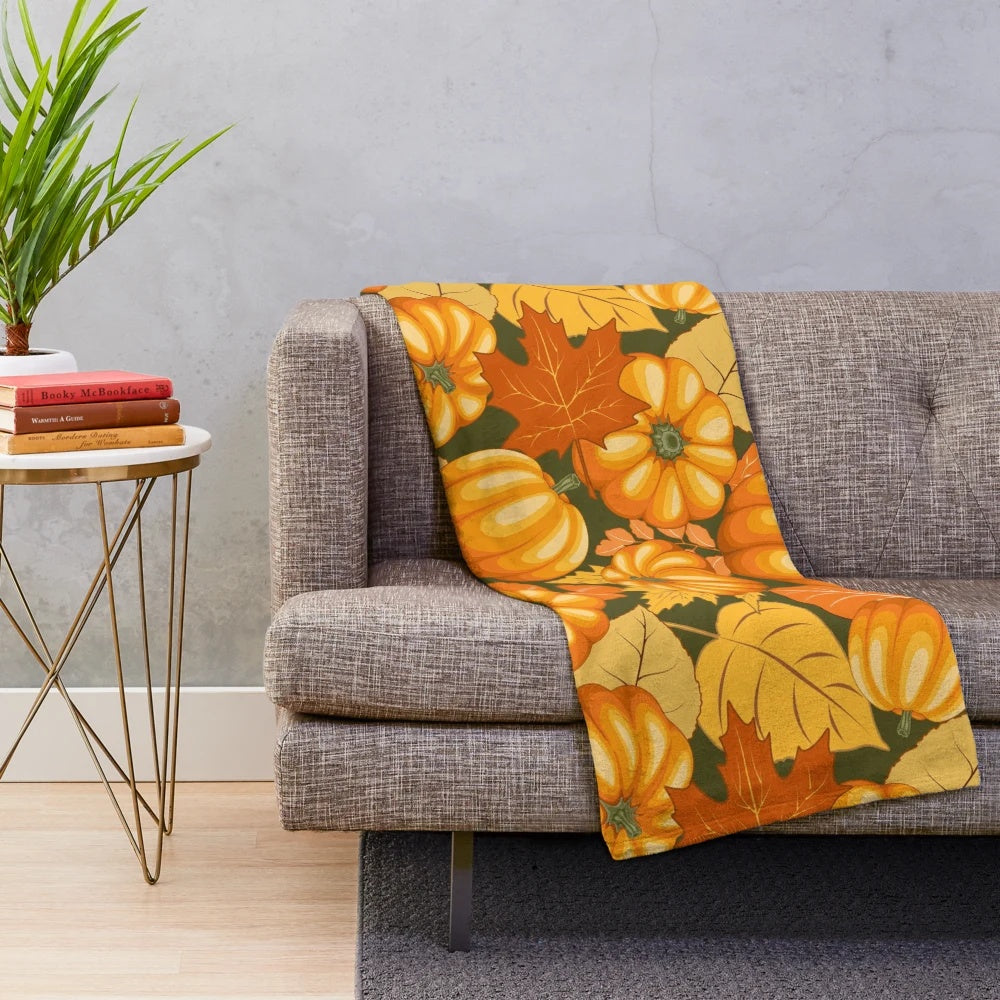 Pumpkins and autumn leaves plush blanket for cozy fall and holiday celebrations
