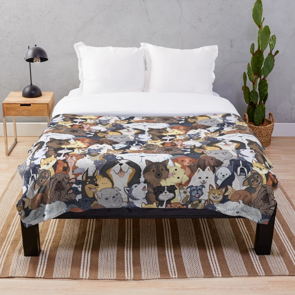 Soft, plush dog-patterned blanket with various dog breeds