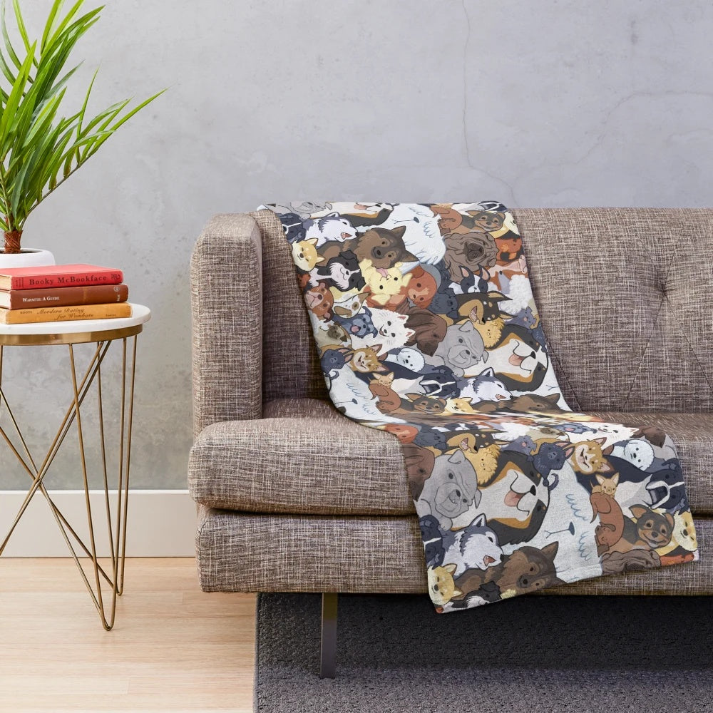 Soft, plush dog-patterned blanket with various dog breeds
