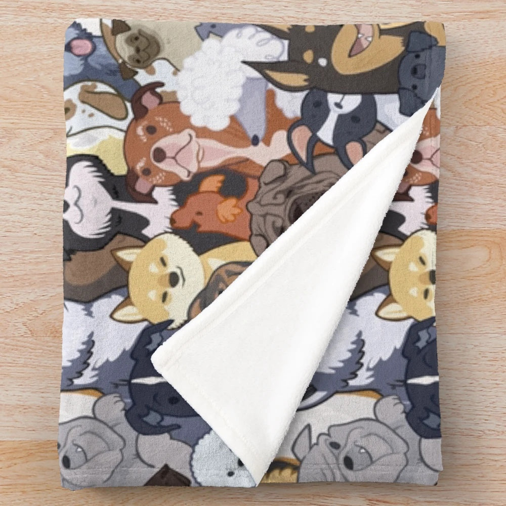 Soft, plush dog-patterned blanket with various dog breeds