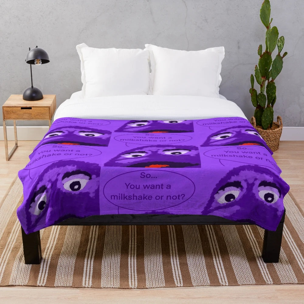 Grimace-inspired plush blanket with cute purple monster design