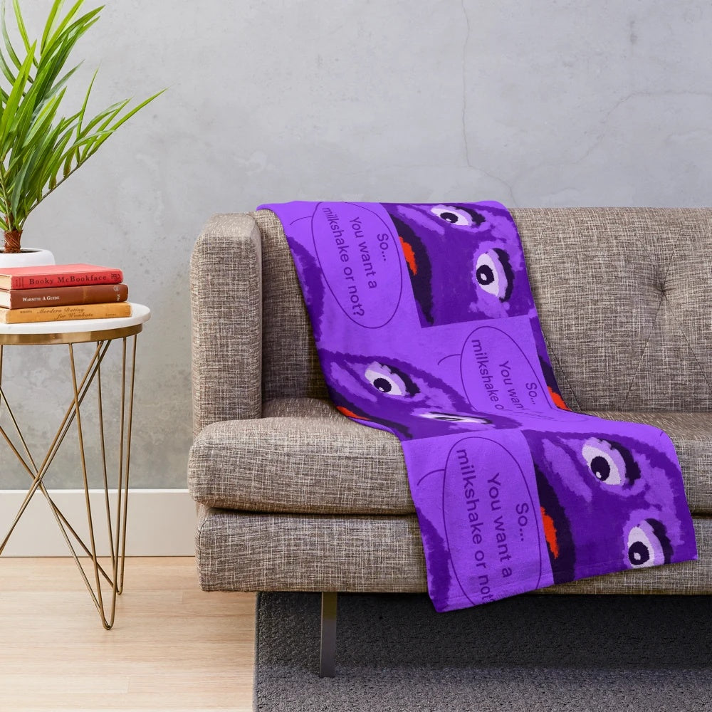 Grimace-inspired plush blanket with cute purple monster design