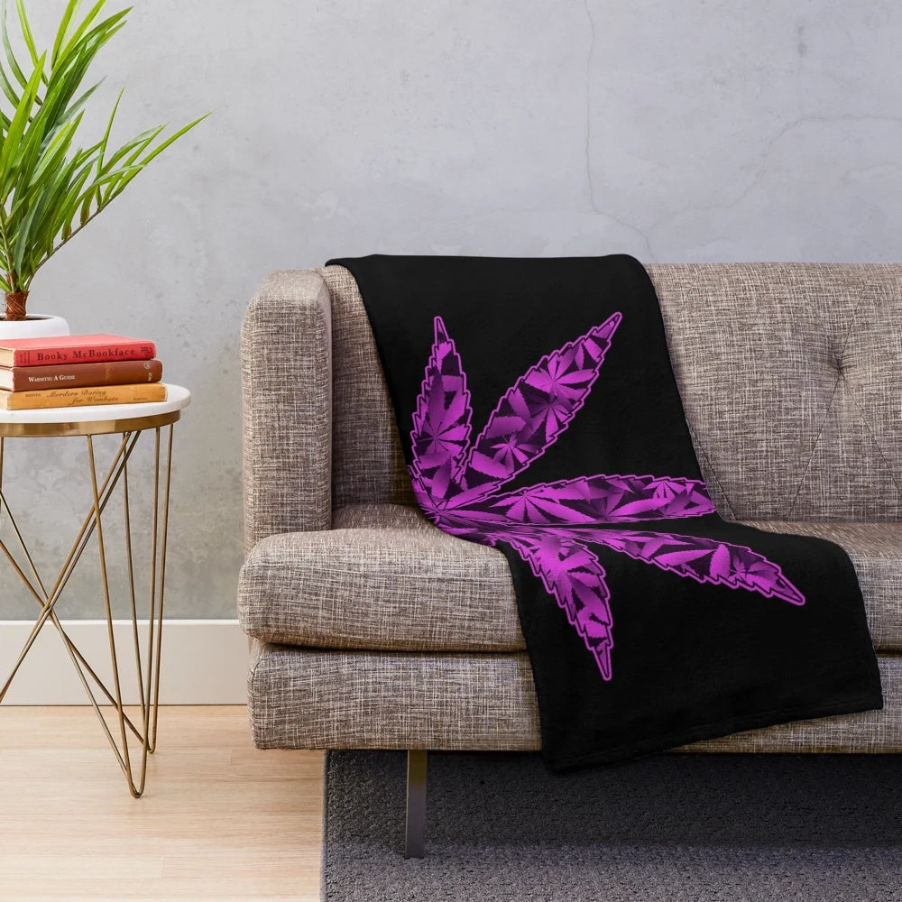 Purple plush blanket with cannabis graphic design