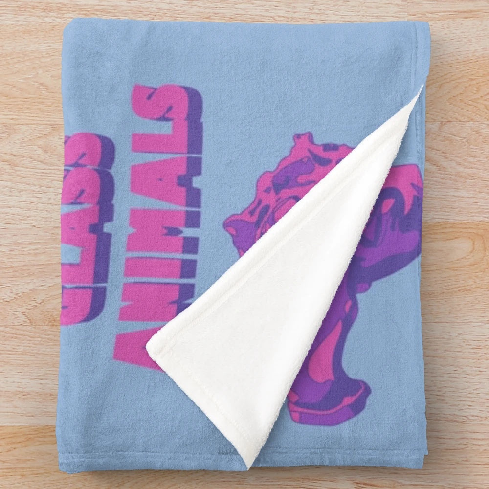 Purple plush blanket with Glass Animals head and logo design