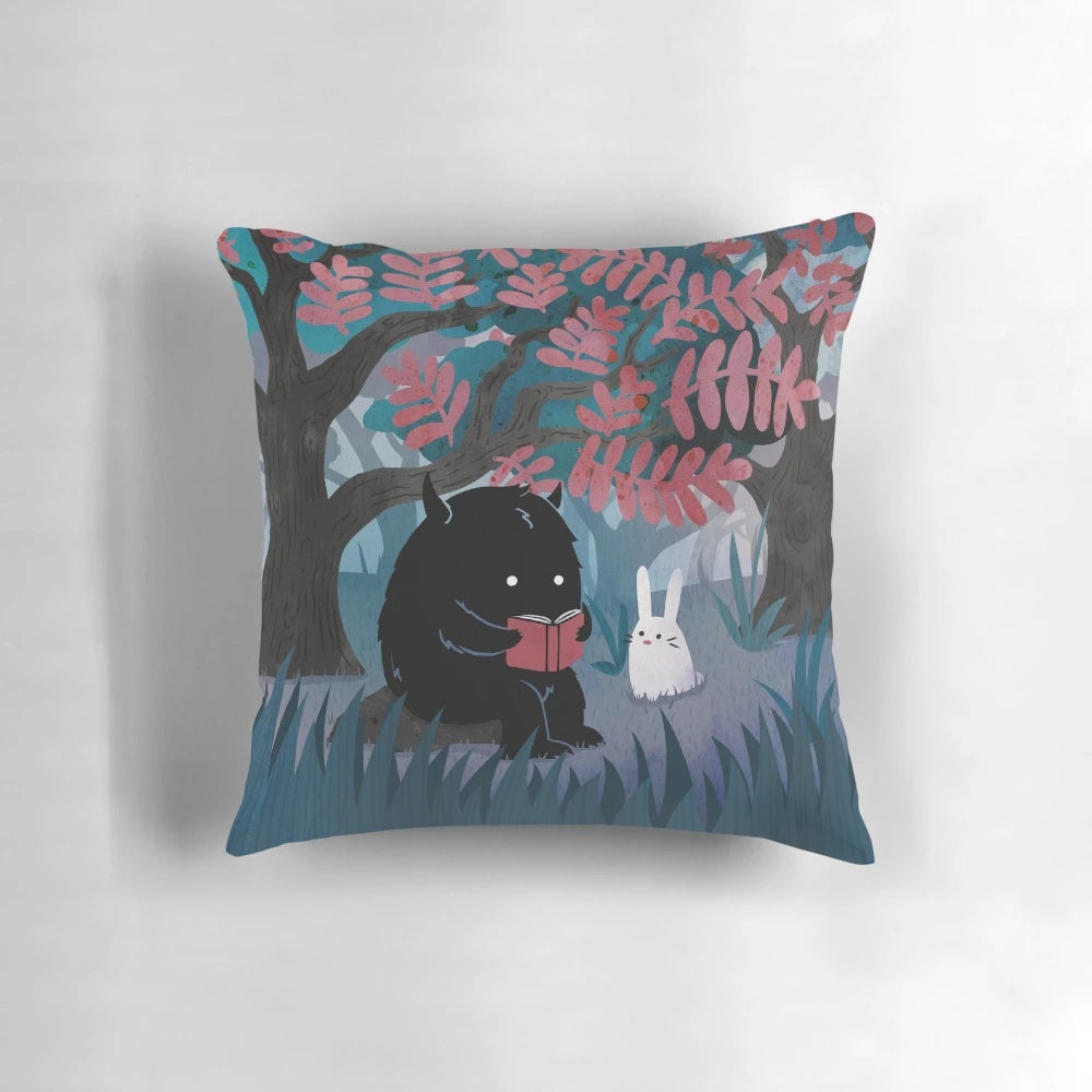 A watercolor illustration of a cute bunny monster sitting on a colorful pillow in a forest setting