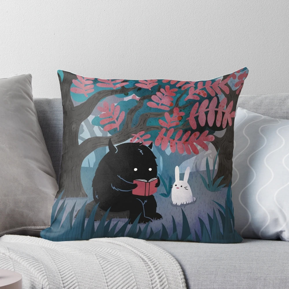 A watercolor illustration of a cute bunny monster sitting on a colorful pillow in a forest setting