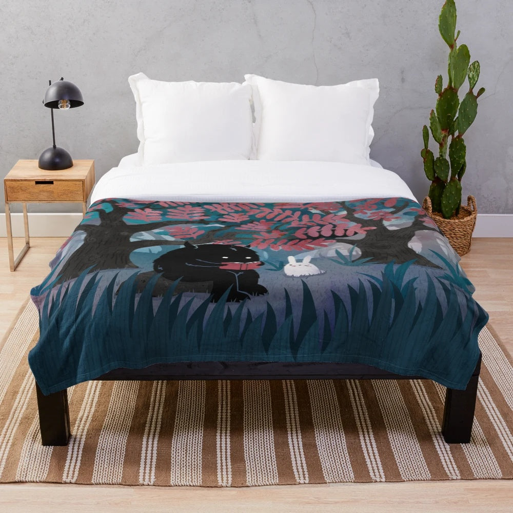 Watercolor-inspired plush blanket featuring a cute rabbit and forest scene