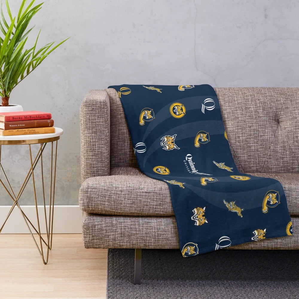 Quinnipiac Bobcats plush blanket featuring the university's logo in navy, blue and gold