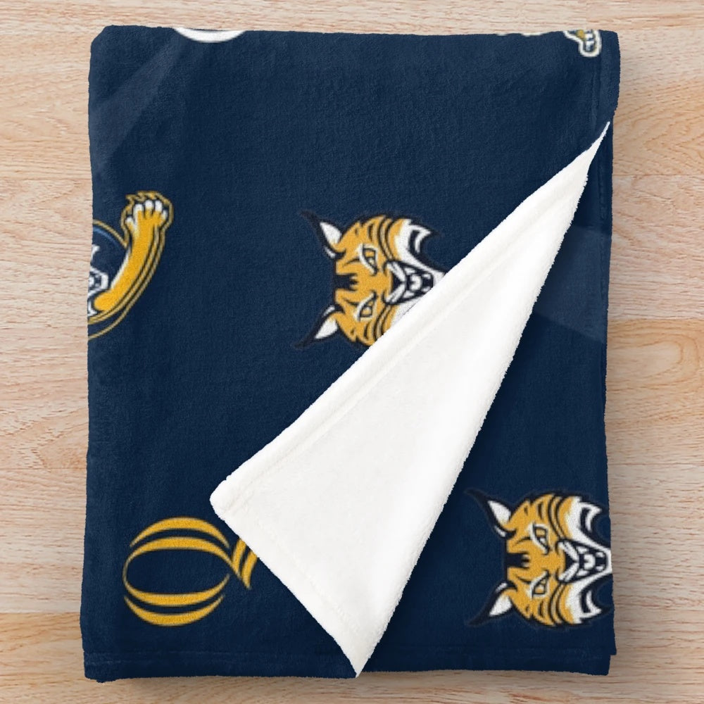 Quinnipiac Bobcats plush blanket featuring the university's logo in navy, blue and gold
