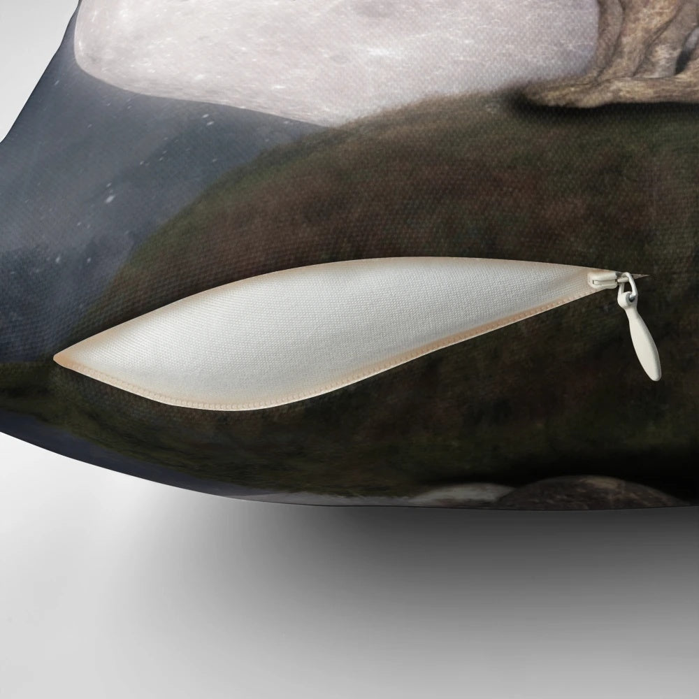 A soft, plush rabbit pillow with a design of a crescent moon and stars against a dark night sky.
