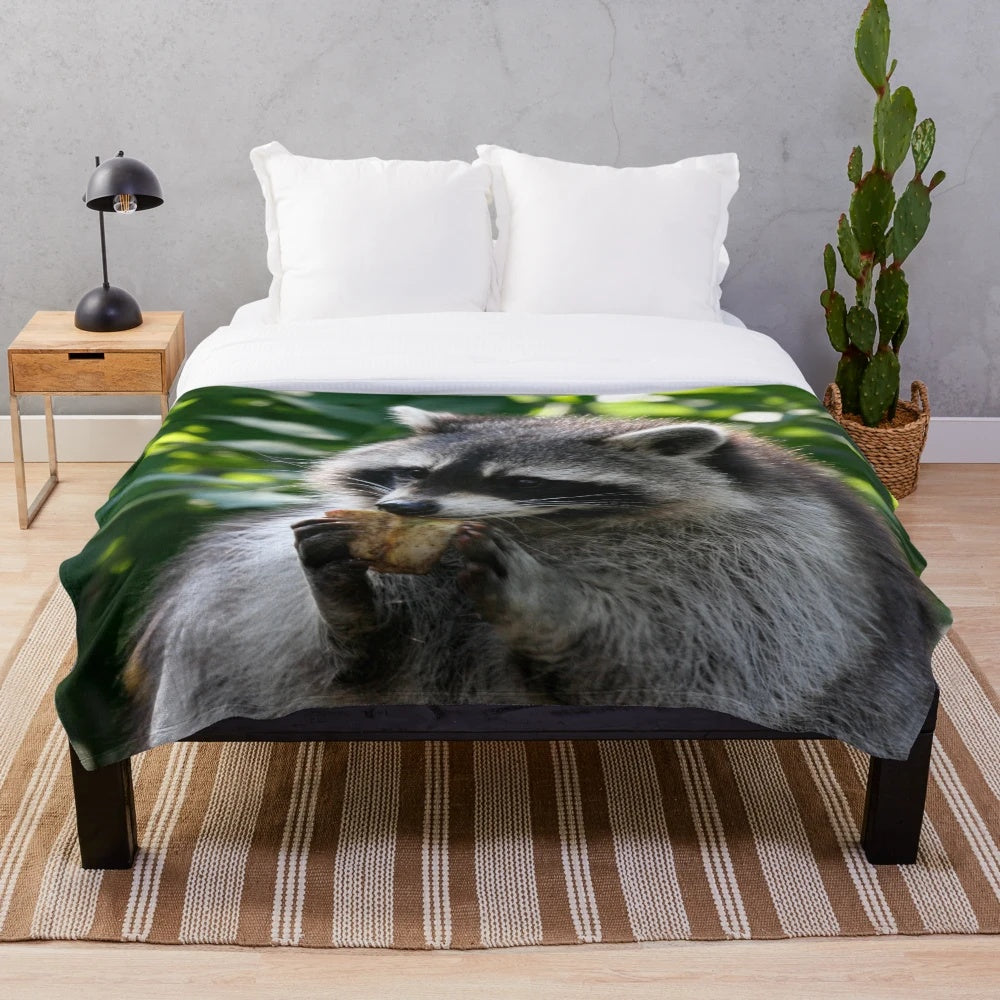 Adorable raccoon portrait on a plush blanket for home decor