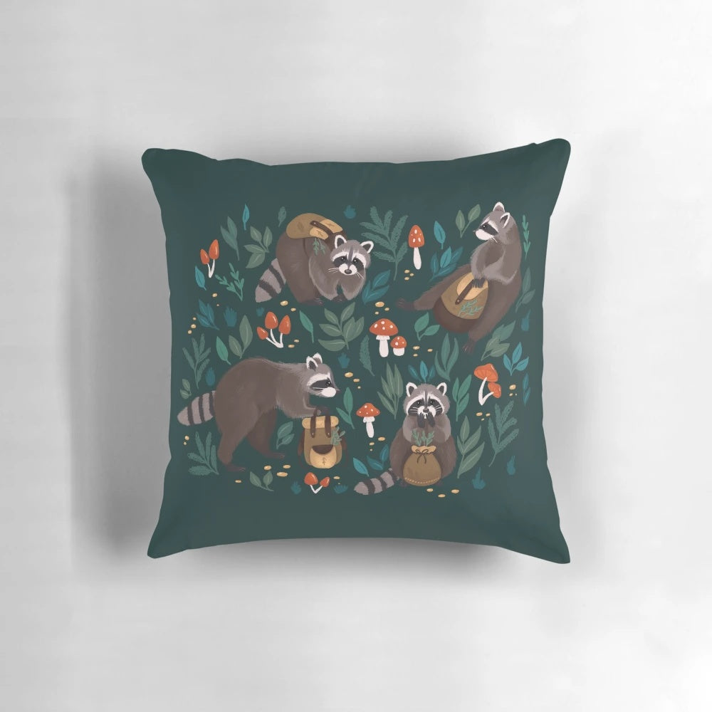A vibrant green pillow featuring a whimsical raccoon design, perfect for adding a touch of nature-inspired style to your home.