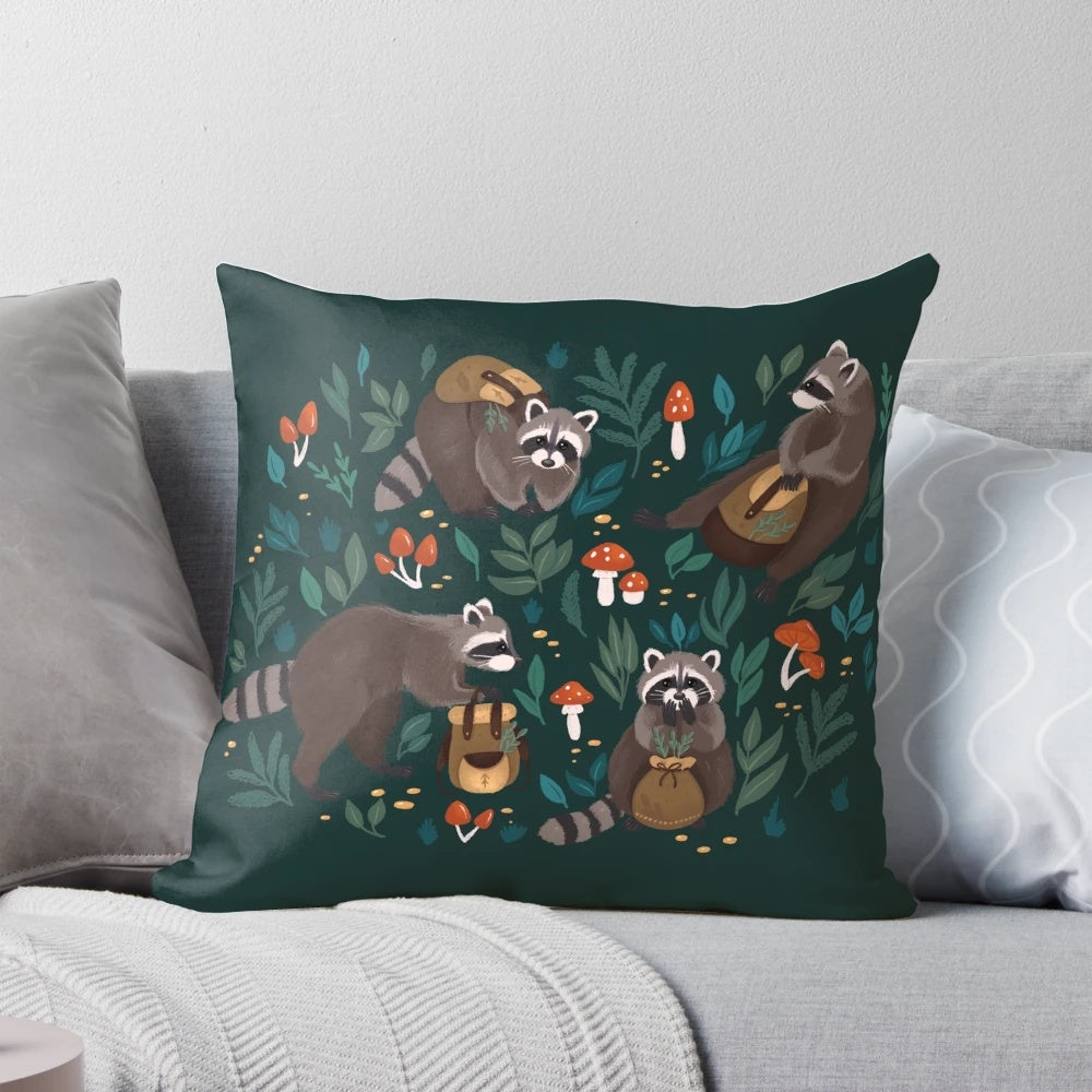A vibrant green pillow featuring a whimsical raccoon design, perfect for adding a touch of nature-inspired style to your home.