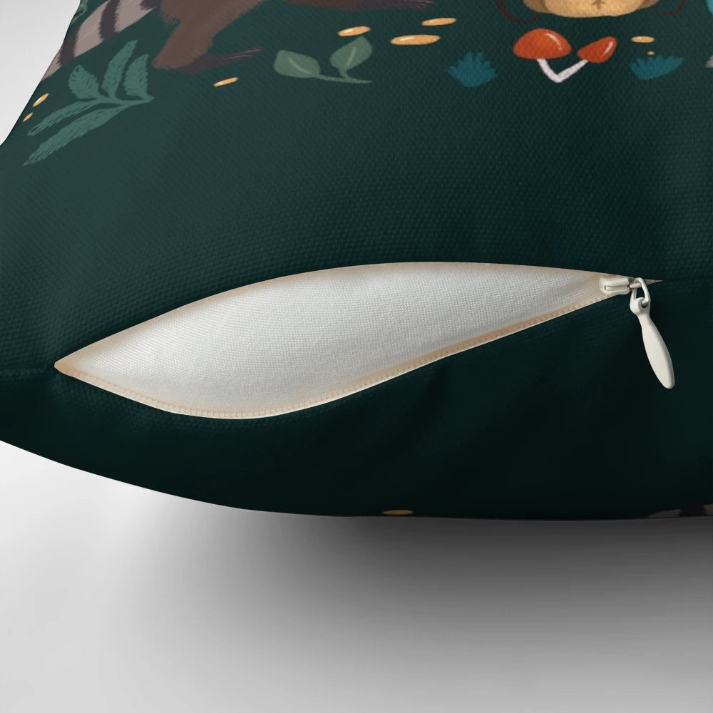 A vibrant green pillow featuring a whimsical raccoon design, perfect for adding a touch of nature-inspired style to your home.