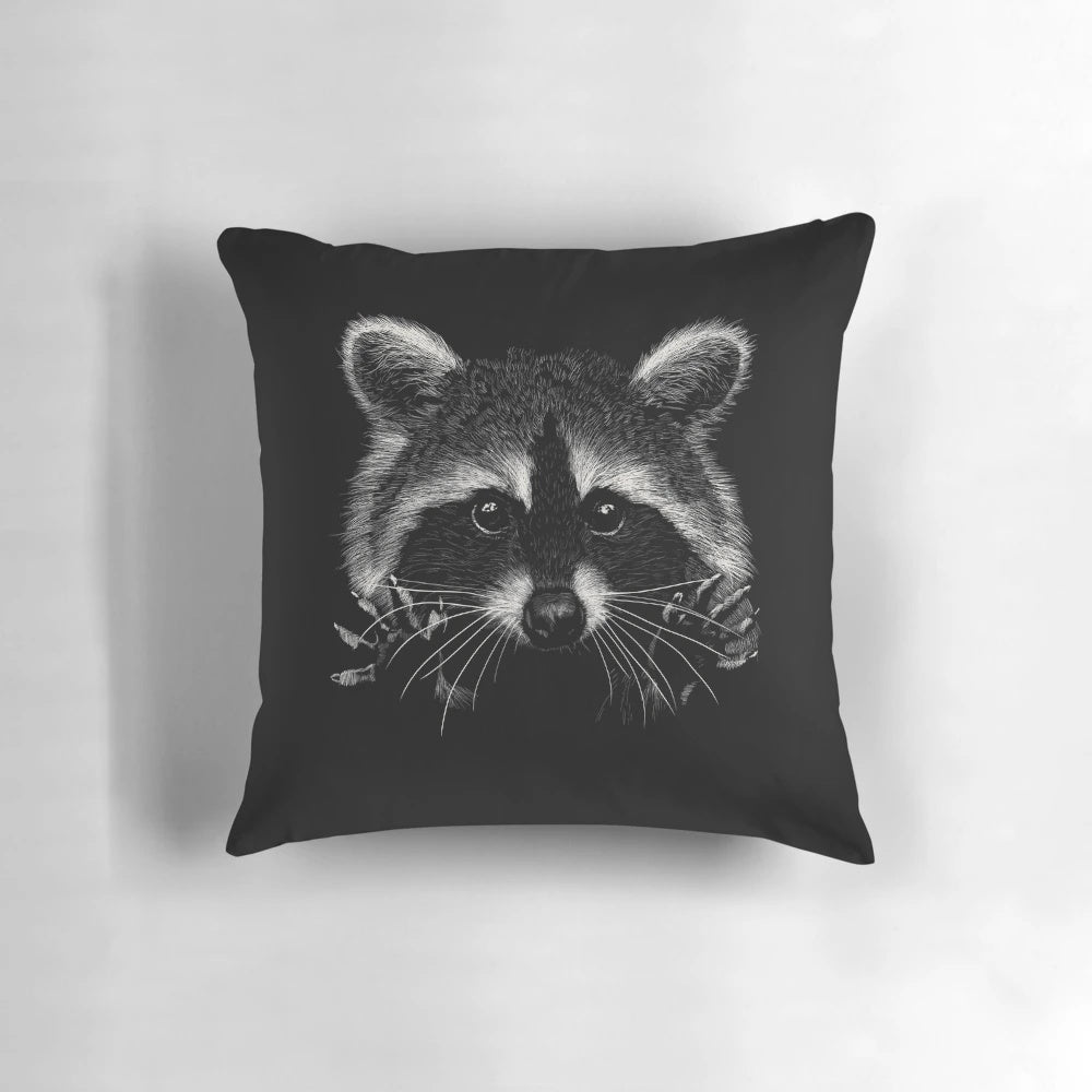Soft, plush raccoon pillow with detailed features and lifelike design