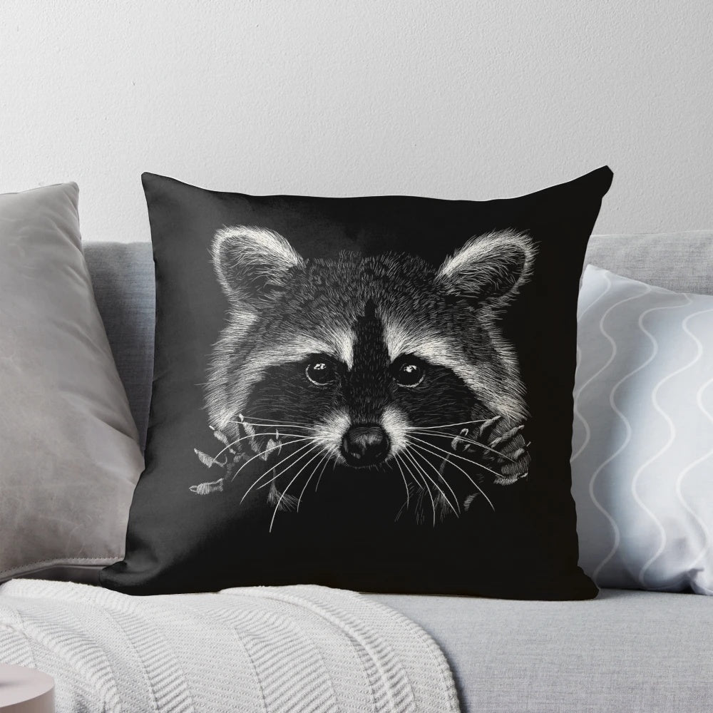 Soft, plush raccoon pillow with detailed features and lifelike design