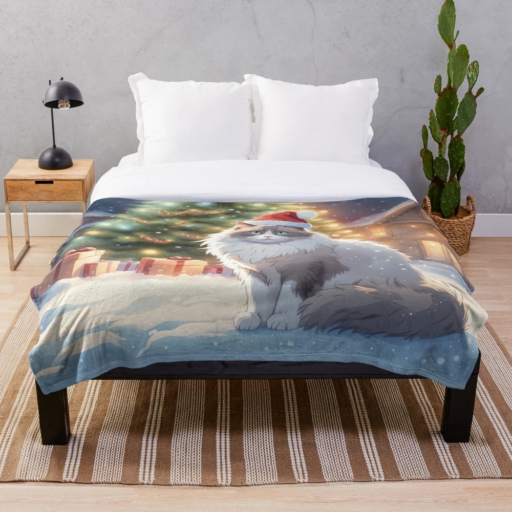 Ragdoll cat plush blanket with a watercolor-inspired winter design