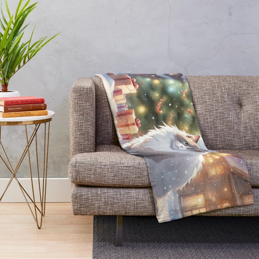 Ragdoll cat plush blanket with a watercolor-inspired winter design