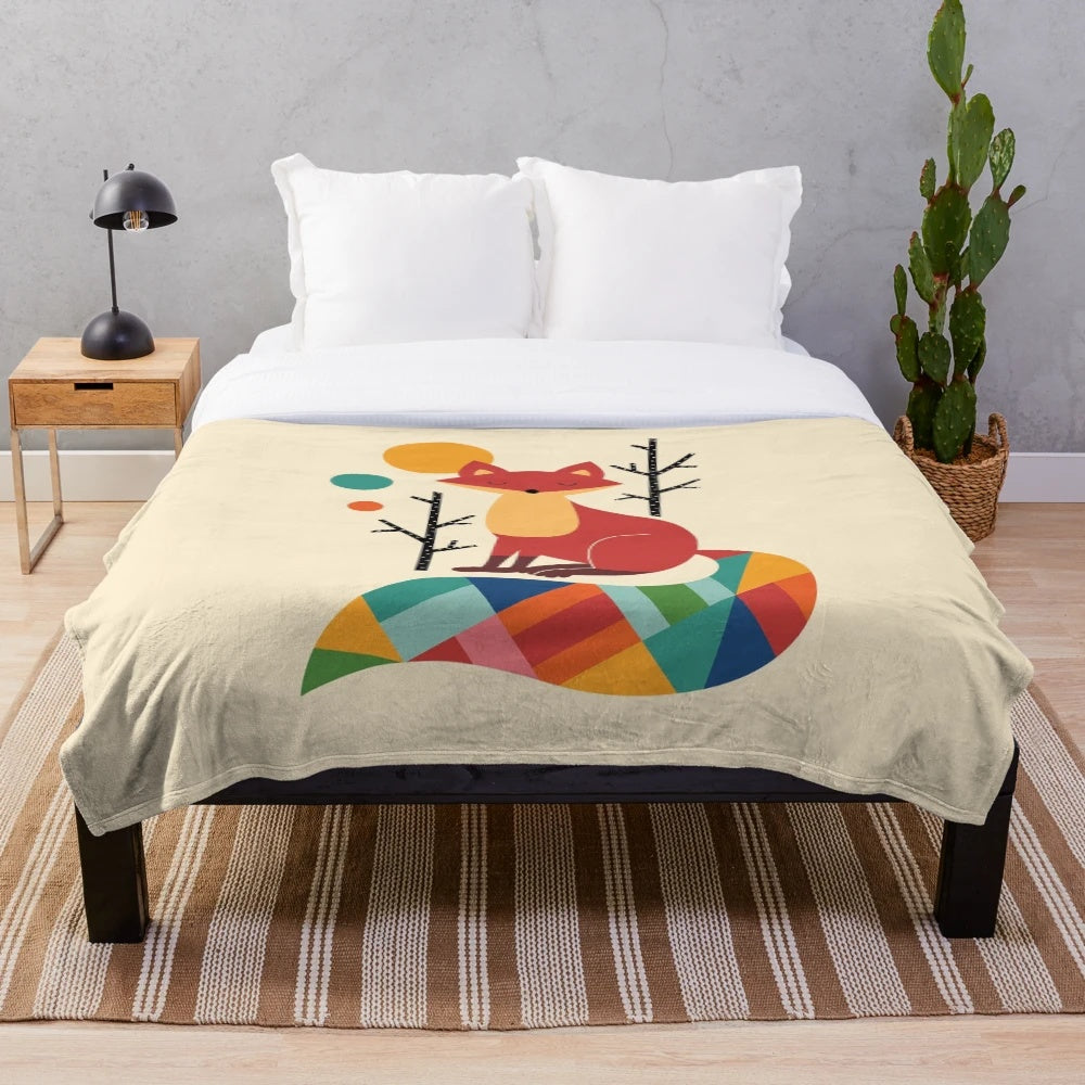 Colorful rainbow fox plush blanket