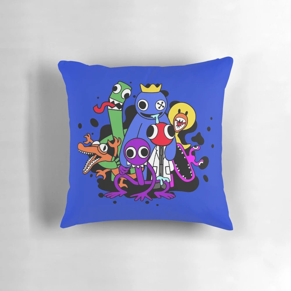 Rainbow-colored friends hugging plush pillow with Roblox-inspired design