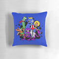 Rainbow-colored friends hugging plush pillow with Roblox-inspired design