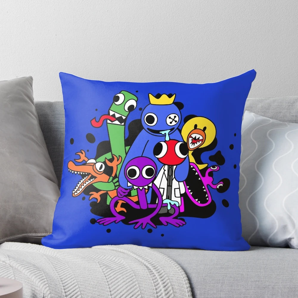 Rainbow-colored friends hugging plush pillow with Roblox-inspired design