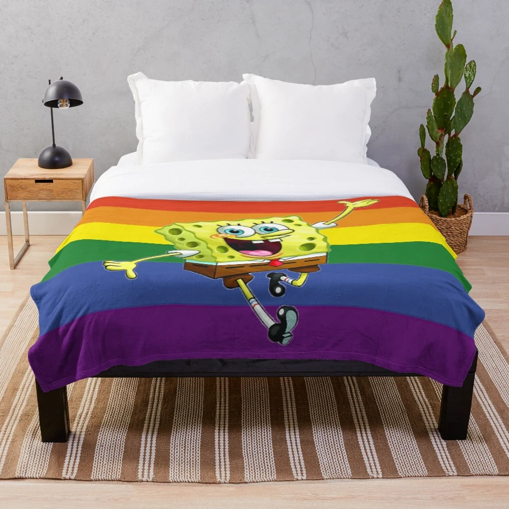 Colorful spongebob plush blanket with rainbow design