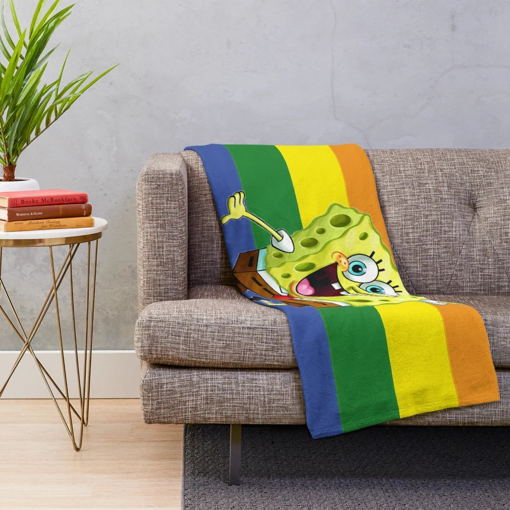 Colorful spongebob plush blanket with rainbow design