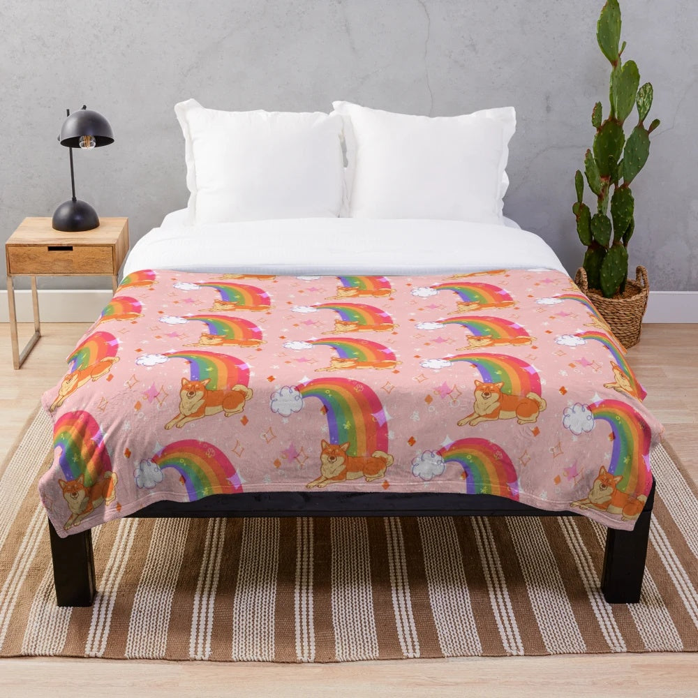 Colorful rainbow plush blanket with sparkles and Shiba Inu design