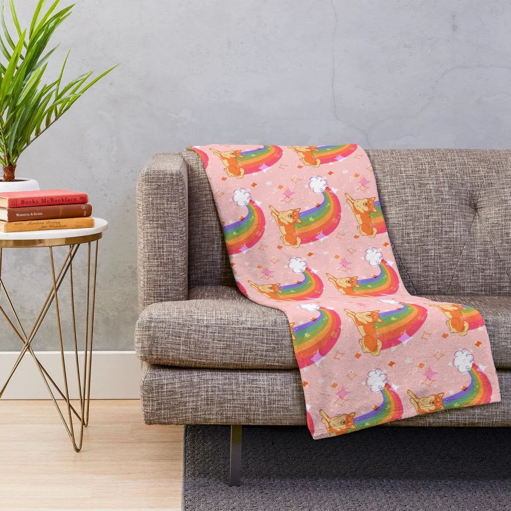 Colorful rainbow plush blanket with sparkles and Shiba Inu design