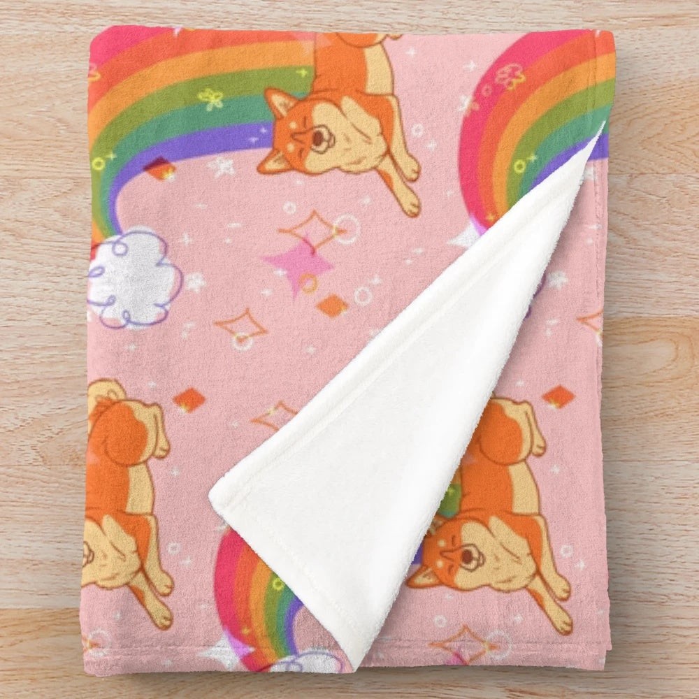 Colorful rainbow plush blanket with sparkles and Shiba Inu design