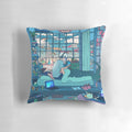 A soft, plush pillow featuring a rainy, surreal cityscape with anime-inspired elements and a Japanese-style moon.