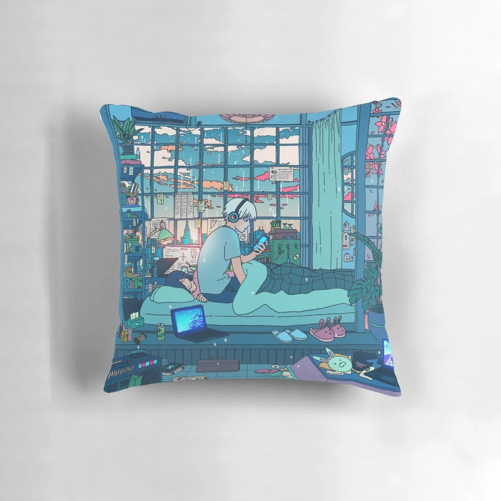 A soft, plush pillow featuring a rainy, surreal cityscape with anime-inspired elements and a Japanese-style moon.