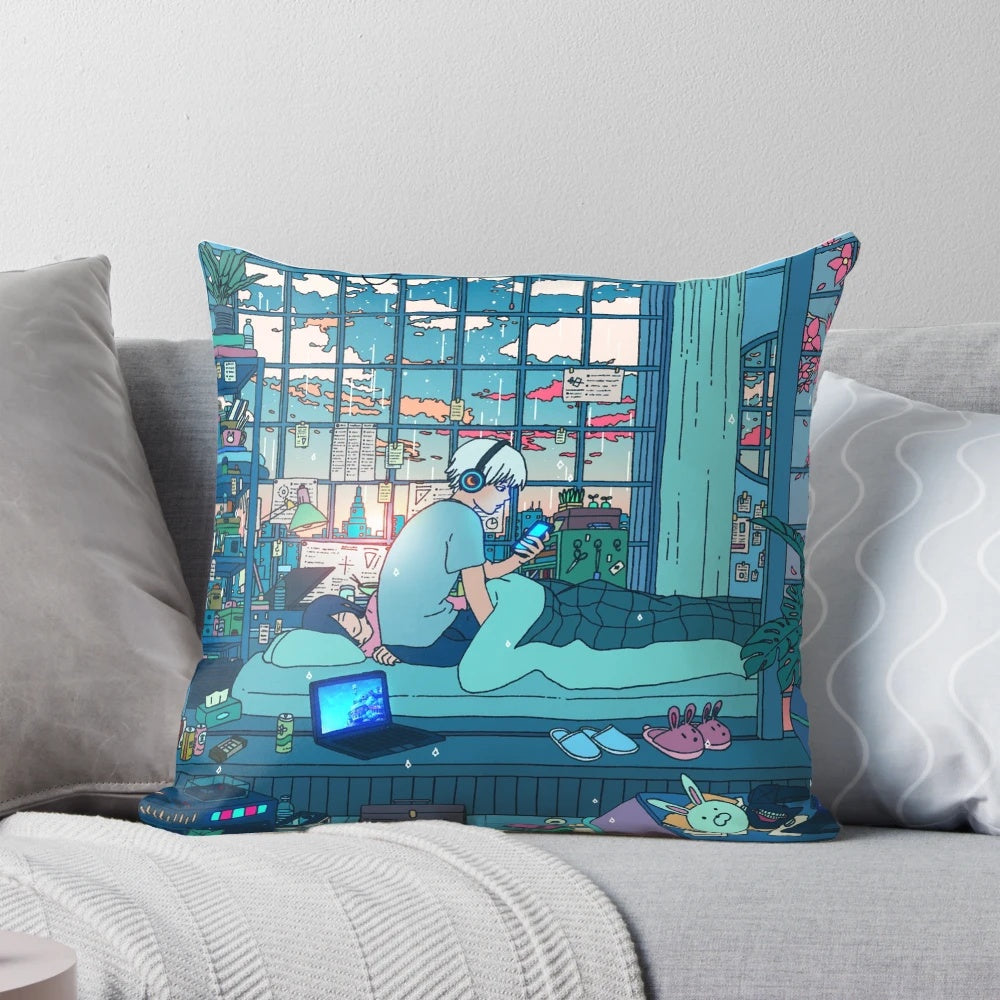 A soft, plush pillow featuring a rainy, surreal cityscape with anime-inspired elements and a Japanese-style moon.