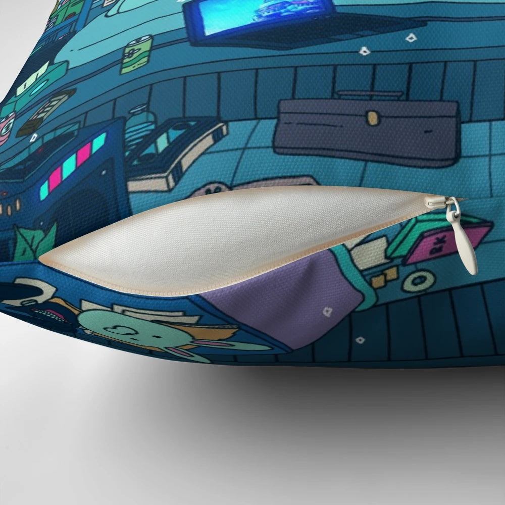 A soft, plush pillow featuring a rainy, surreal cityscape with anime-inspired elements and a Japanese-style moon.