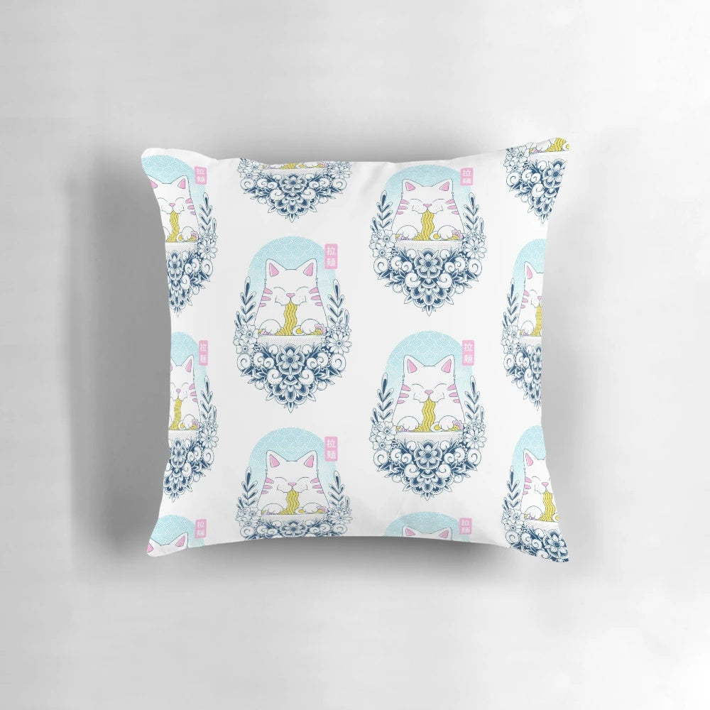 A soft, plush pillow featuring a cute cat in a ramen noodle bowl design, perfect for cat lovers and Japanese culture enthusiasts.