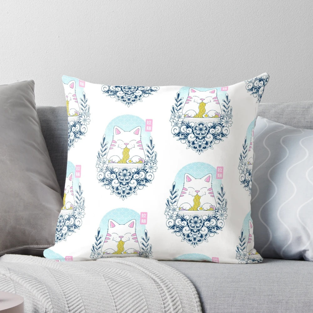 A soft, plush pillow featuring a cute cat in a ramen noodle bowl design, perfect for cat lovers and Japanese culture enthusiasts.