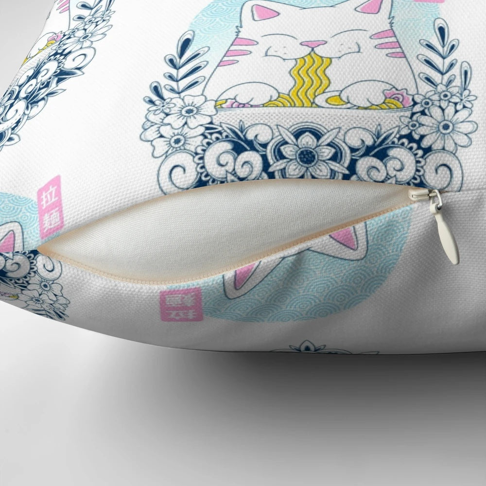 A soft, plush pillow featuring a cute cat in a ramen noodle bowl design, perfect for cat lovers and Japanese culture enthusiasts.