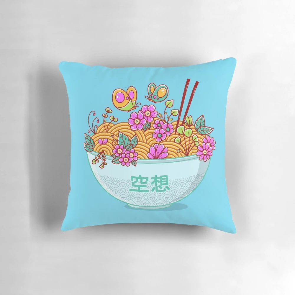 Ramen-themed decorative pillow with a whimsical, surreal design featuring Japanese-style noodles, flowers, and typography