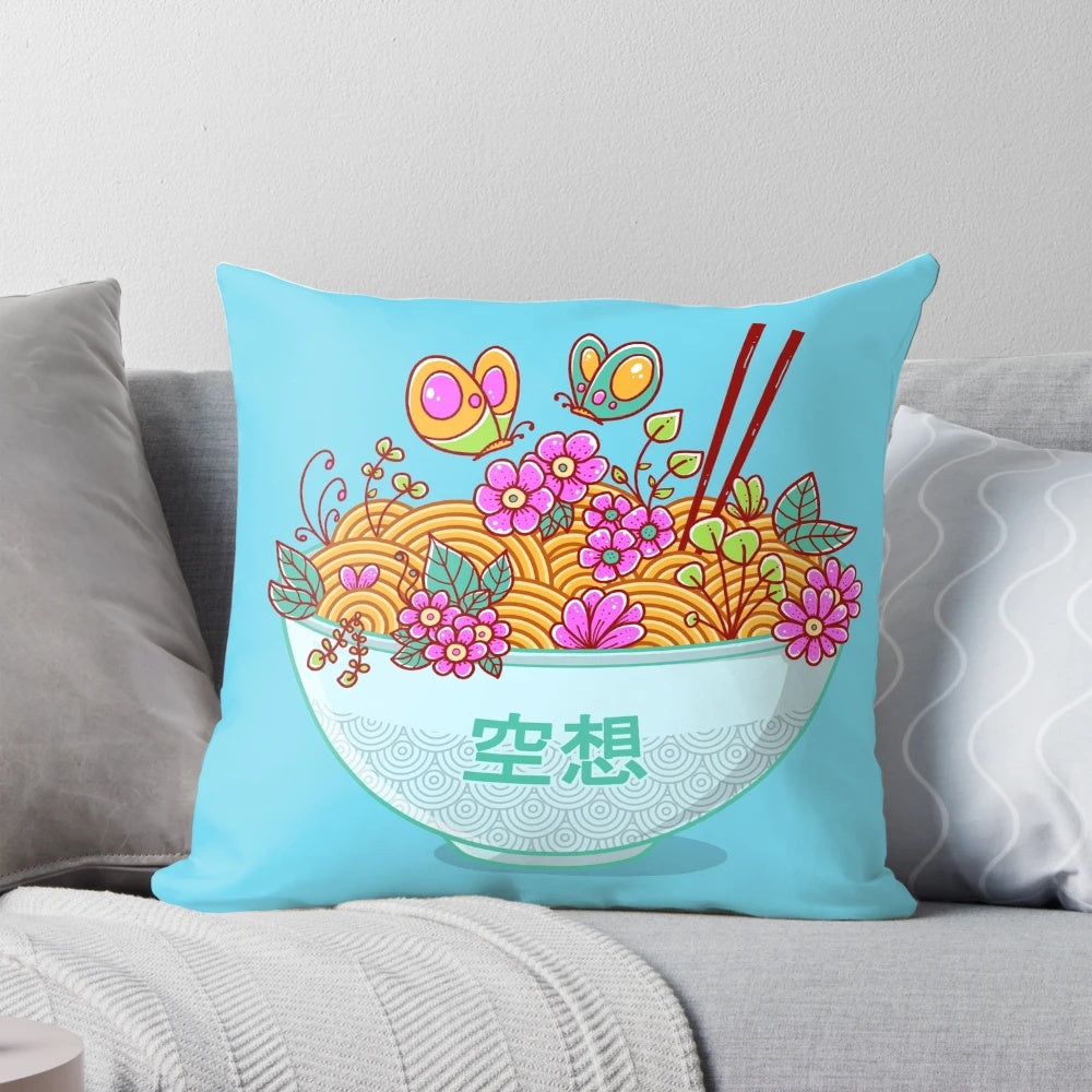 Ramen-themed decorative pillow with a whimsical, surreal design featuring Japanese-style noodles, flowers, and typography