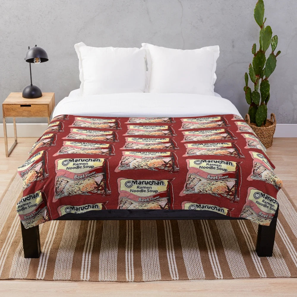 Beef ramen noodle plush blanket, featuring a cartoon ramen character design