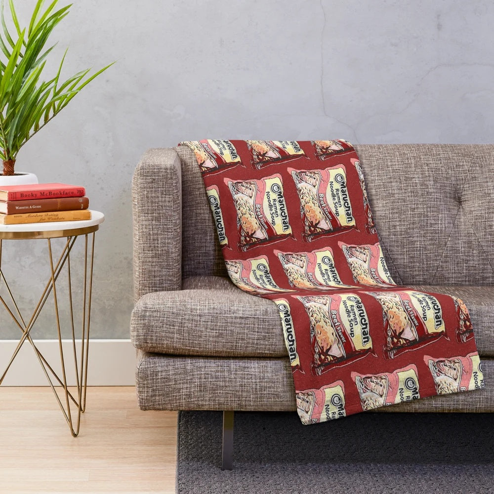 Beef ramen noodle plush blanket, featuring a cartoon ramen character design