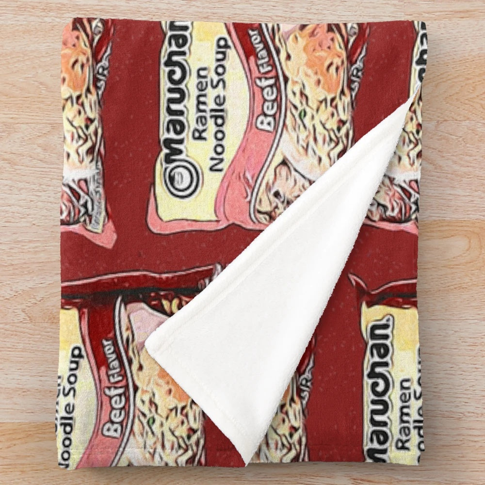 Beef ramen noodle plush blanket, featuring a cartoon ramen character design